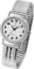 A close-up studio shot of a silver analog watch with a white face and a metal expansion band. Produktbild-Vorschau