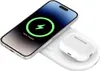 A smartphone and wireless earbuds charging case are placed on a white wireless charging pad. Produktbild-Vorschau