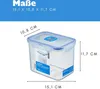 A clear plastic food container with blue locking lids, shown with dimensions indicated by text and lines. Produktbild-Vorschau