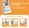 A white dresser with three drawers and two shelves, displayed with text and lifestyle images. Podgląd zdjęcia produktu
