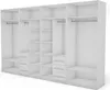 A 3D rendering of a modern white wardrobe with multiple compartments, shelves, and drawers. Podgląd zdjęcia produktu