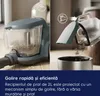 A split image showing a vacuum cleaner dustbin being emptied into a metal container, with text describing the feature. Produktbild-Vorschau