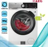 A white washing machine with a black door, displaying its features and energy rating. Produktbild-Vorschau