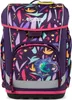 A purple backpack with a colorful floral and leaf pattern, featuring a chameleon patch on the front pocket. Produktbild-Vorschau