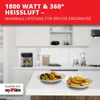 A kitchen counter with an air fryer and two plates of food, with promotional text at the top. Produktbild-Vorschau