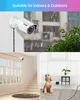 A collage showing a security camera installed outdoors in the rain, another camera installed indoors near a window, and a dog sitting on a yoga mat indoors. Produktbild-Vorschau