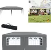 A collage of images showing a gray pop-up canopy tent, a black carrying bag, and a lifestyle image of a similar tent set up as a flower stall. Náhled obrázku produktu