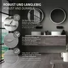 A modern bathroom vanity with two sinks and mirrors, with informational callouts about the flooring. Podgląd zdjęcia produktu