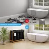 A split image showing a messy bathroom floor with clothes scattered around in the top panel, and a tidy bathroom with a laundry sorter in the bottom panel. Anteprima dell’immagine prodotto