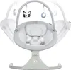 A baby swing is shown in a studio setting against a white background. The swing is depicted in a neutral gray color with white accents and features a small toy attached to an overhead bar. The swing is shown in multiple positions, indicating its movement c Produktbild-Vorschau