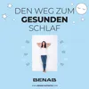 A woman is lying on a mattress with her hands behind her head, surrounded by stars and arrows, with text about healthy sleep. Produktbild-Vorschau
