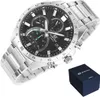 A silver Casio Edifice watch with a black dial, shown with its blue presentation box. Voir les images du produit