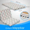 A foldable mattress shown in two states: flat and folded, with dimensions and a close-up of the fabric texture. Produktbild-Vorschau