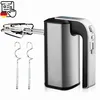 A silver and black hand mixer with beaters and dough hooks against a white background. Produktbild-Vorschau