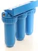 A three-stage water filter system with blue filter housings and a blue mounting bracket, photographed against a white background. Produktbild-Vorschau