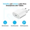 A white USB-C charger with three circular icons below it, each with text. Produktbild-Vorschau