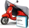 A red scooter covered by a gray protective cover, with a product information card in the foreground. Náhľad obrázku produktu