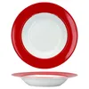A top-down and side view of a white plate with a red rim. Produktbild-Vorschau