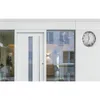 A modern white door with a glass panel, adjacent to a large window reflecting a building, with a silver wall clock on the right. Produktbild-Vorschau