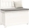 A white wooden storage bench with a gray cushion and a light gray pillow. Náhled obrázku produktu