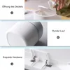 A collage of images showcasing a small white trash can with a gray lid, its features, and its hardware. Produktbild-Vorschau