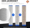 Three water filter cartridges are shown, progressing from clean to dirty, with arrows indicating a change or progression. Text overlays describe the product's benefits and usage. Produktbild-Vorschau