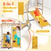 A collage of images showing children playing on a wooden climbing frame with a slide and climbing wall. The images highlight different features and activities. Podgląd zdjęcia produktu
