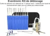 A set of lock picking tools and a clear practice padlock are displayed on a white background. Produktbild-Vorschau