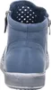 The back view of a blue leather ankle boot with a perforated cuff and a white striped sole. Produktbild-Vorschau