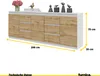 A sideboard cabinet with wooden doors and drawers, shown with decorative items on top and measurement indicators. Produktbild-Vorschau