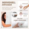 A collage of images showcasing a pillow with adjustable filling, featuring a woman holding a pillow, close-ups of the filling, and diagrams illustrating how to adjust the filling. Produktbild-Vorschau