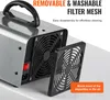 Close-up of an air purifier's fan and removable filter mesh, with text highlighting its features. Produktbild-Vorschau