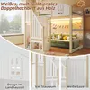 A collage of images showcasing a white wooden loft bed with a green sofa underneath, decorated with fairy lights and a garland. Smaller inset images highlight design details like a window, storage space, and curtains. Produktbild-Vorschau