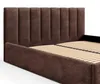 A close-up view of a brown upholstered bed frame with a slatted mattress base. Voir les images du produit