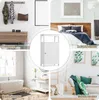 A collage of four different room settings (entrance, bedroom, bathroom, living room) with a central image of a white cabinet. Náhled obrázku produktu