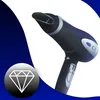 A black hairdryer is shown against a white and blue background with a diamond icon in the lower left corner. Produktbild-Vorschau