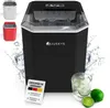 A black ice maker is shown with smaller images of white and red ice makers in the background. There is also a glass of ice water and limes in the foreground, along with a small tag indicating features. Produktbild-Vorschau