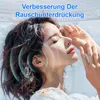 A woman is shown with her eyes closed, wearing earbuds, with sound wave graphics emanating from them. Produktbild-Vorschau