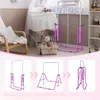 A collage showing a baby's crib area and three diagrams of a foldable gymnastics bar. Voir les images du produit