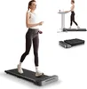 A collage of images showing a woman using a compact treadmill, another woman using a standing desk with a treadmill, and a folded treadmill. Produktbild-Vorschau