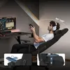 A man is playing a video game while sitting in a gaming chair. The chair is reclined, and the man is wearing headphones. The image also shows close-ups of the chair's features. Náhled obrázku produktu