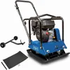 A blue and black plate compactor with a gasoline engine, shown with its accessories on a white background. Produktbild-Vorschau