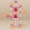 A pink cat tree with dimensions indicated by orange labels and lines. Produktbild-Vorschau
