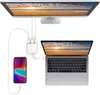 A laptop, a monitor, and a smartphone are connected to a white hub adapter, all displaying the same beach sunset image. Produktbild-Vorschau
