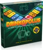 The image shows the packaging of a board game called Drinkopolus, designed for adults. The packaging features game elements like cards, dice, and icons representing different game actions or spaces. Produktbild-Vorschau