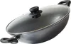 A black wok pan with a glass lid and silver trim, shown from a diagonal angle against a white background. Produktbild-Vorschau