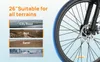 A close-up of an e-bike wheel with text and images describing its suitability for different terrains. Produktbild-Vorschau