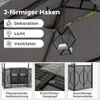 A collage of images showcasing features of a garden bar set, including its hanging hook, lighting, and fan options, along with close-ups of its storage, non-slip suction cup, and side walls. Náhled obrázku produktu