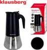 A Klausberg stainless steel espresso coffee maker is shown next to its packaging, which includes product images and text. Náhled obrázku produktu