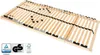A wooden slatted bed base against a white background, with certification logos in the corner. Produktbild-Vorschau